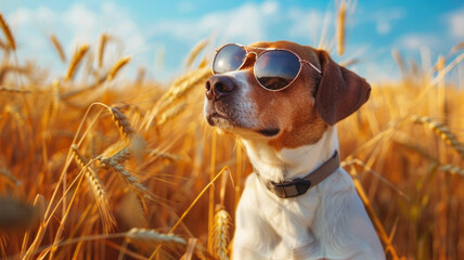 A dog wearing sunglasses sits in a wheat field in summer, Jack Russell or beagle
