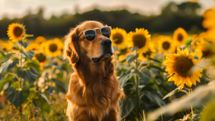 A dog wearing sunglasses sits in a sunflower field in summer, brown Golden Retriever