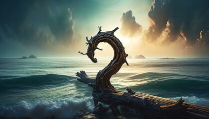 A simple ocean surface, a silhouette of a beautiful driftwood question mark, a fantastical atmosphere, a little realistic, mysterious, a little stylish. Generated by AI