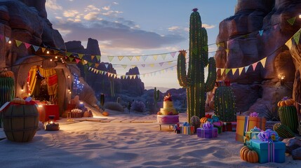 A sandy desert party at dusk, with a cactus-shaped cake, southwestern-style presents, and colorful...