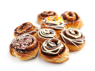 Fototapeta premium A row of cinnamon rolls with chocolate and vanilla frosting