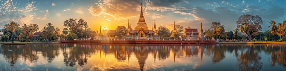 Revered Golden Spire Reflecting in Tranquil Wat Phra That Phanom Lake at Sunset