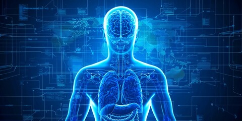 Futuristic depiction of human anatomy in neon blue, set against a digital circuit background, perfect for tech and medical educational content.