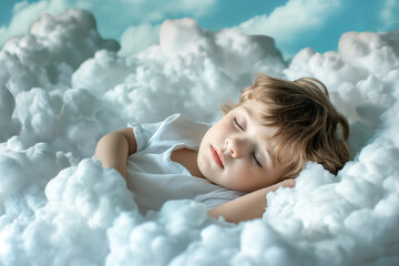 A caucasian 5 years old boy sleeps on a bed of clouds