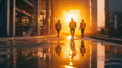 Workers in reflective clothing during work