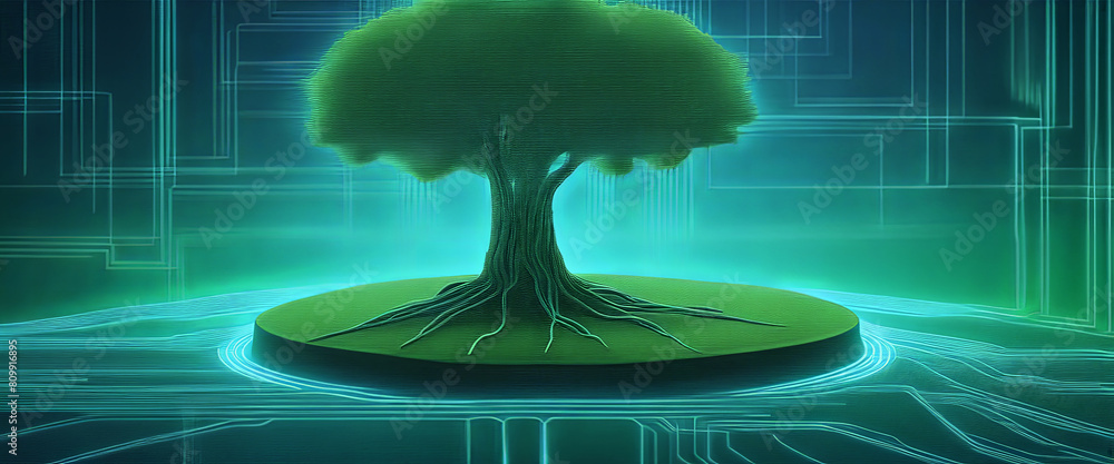 Poster a tree with soil growing at the intersection of digital networks