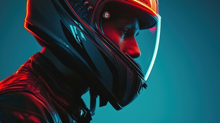 Obraz premium Male race car or moto driver wearing helmet and racing suit, with neon background. Sports concept