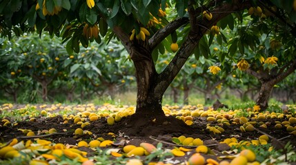 A single mango tree in full bloom with ripe golden mangos peeking from between glossy leaves, the...
