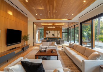 Fototapeta premium The photo shows a modern living room with a large TV, comfortable sofas, and a stylish coffee table. The room is decorated with wood and has a warm and inviting atmosphere.