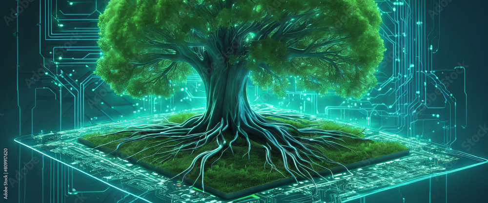 Poster a tree with soil growing at the intersection of digital networks