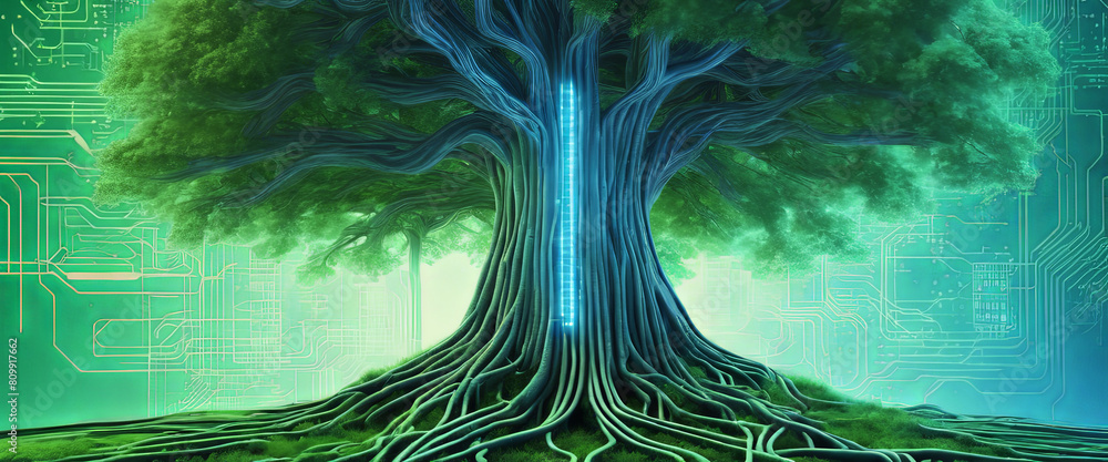 Poster a tree with soil growing at the intersection of digital networks