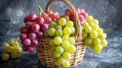 Overhead view of colorful grapes in wicker basket - symbolizing autumn harvest and seasonal vibes