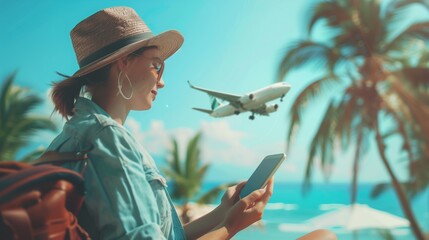 Young woman in hat using smartphone for booking  and plan trip while sitting on tropical beach with airplane flying above palm trees
