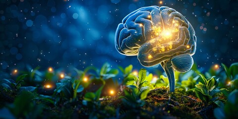 lluminated brain in a mystical forest setting, symbolizing the growth of human cognition, perfect for educational and inspirational use.