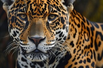Obraz premium Jaguar face, close up of a jaguar, Taking close up of a Leopard Portrait Terror of the Jungle an Aggressive, Ai generated