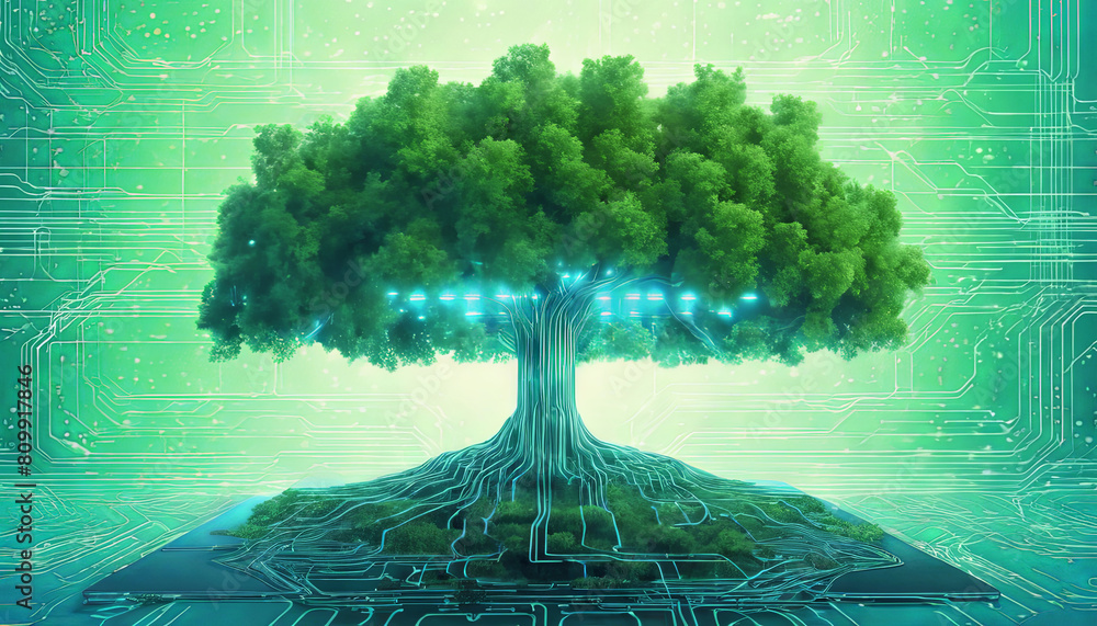 Poster a tree with soil growing at the intersection of digital networks