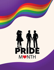 pride month gay and lesbian couple silhouette with flag ribbon vector poster