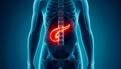 human body X-ray with the pancreas highlighted in red concept of medical painful and healthcare treatment 