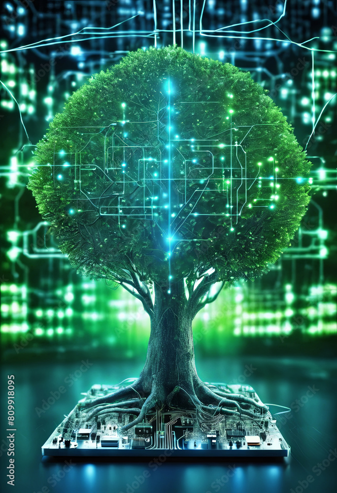 Poster a tree with soil growing at the intersection of digital networks