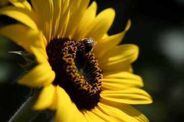 Close-up of a bee on a vibrant sunflower, showcasing nature's pollination process in summer