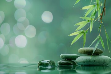 Soothing bamboo leaves and smooth stones on calm water with a gentle green bokeh effect