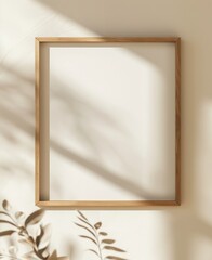 The wooden frame is placed on a beige wall, and there are some plants beside it