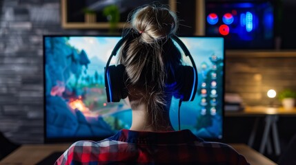 Fototapeta premium Woman wearing headphones sitting in front of widescreen gaming monitor