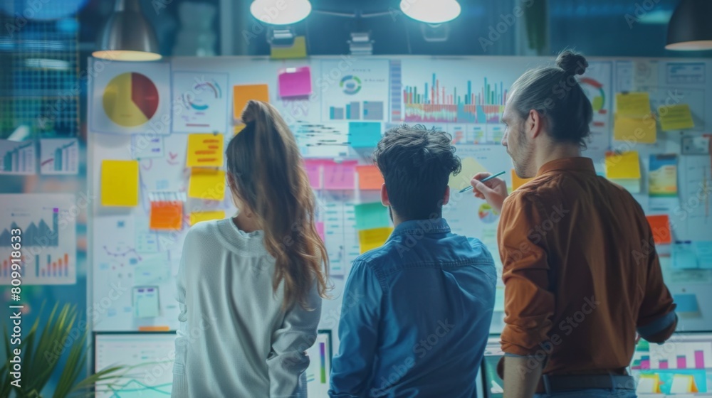 Aufkleber A startup team brainstorming ideas while surrounded by colorful sticky notes and whiteboards filled with sketches of business graphs.
