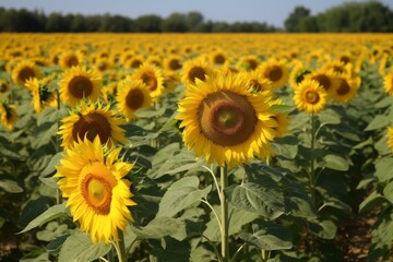 Vibrant field of blooming sunflowers under a clear blue sky