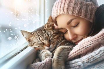 A cozy living room scene with a cat on a windowsill, sunlight streaming in, owner lounges nearby, tranquility of indoor pet ownership.