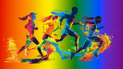 Runners while competition on colourful background. Creative background of diversity in sport.