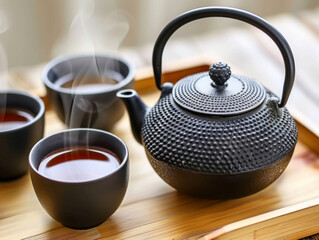 Tea ceremony theme. Traditional Japanese teapot and cup with tea on wooden tray.