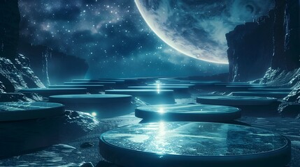 Mysterious Maze-like Glass Discs Beneath a Breathtaking Starry Sky in a Sci-Fi Inspired Landscape