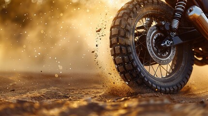Dramatic close-up of a dirt bike tire kicking up sand in a desert setting, showcasing the thrill of...