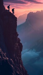 Two hikers on a mountaintop overlooking a beautiful landscape. The sky is a vibrant mix of oranges, pinks, and purples. The hikers are silhouettes against the sky.