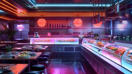 Futuristic and Vibrant Sushi Bar Scene with Neon Lighting and Modern Interior Design