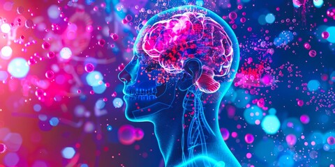 Vivid depiction of a brain in neon pink and blue, surrounded by dynamic particles, ideal for content on neuroscience and brain function.
