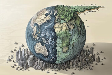 Illustration of wealth accumulation on one side of the globe and ecological collapse on the other stark contrast 