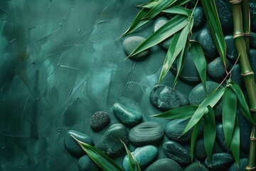 Serenely arranged bamboo stalks and smooth stones on a textured green backdrop