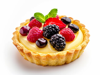 A small pastry with a raspberry and blackberry filling and a mint leaf on top