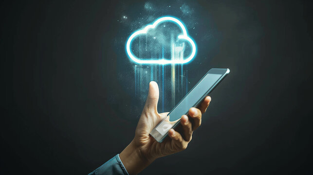 Person holding a tablet with a glowing cloud symbol above it, representing hand thumbs up sign on a dark background