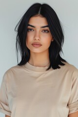 Portrait of arabic woman with black hair wearing a beige t-shirt