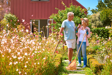 Senior Retired Couple Outdoors At Home Working In Summer Garden Together