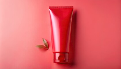 glossy red cosmetic tube mockup cream gel with two small green leaves on red background