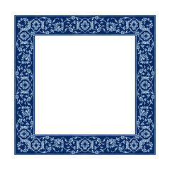 Vector decorative pattern in navy Blue and White design with frame or border. Baroque picture framework