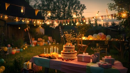 A sunset-lit backyard party featuring a birthday cake adorned with candles, surrounded by gifts, and decorated with fairy lights and bunting, in ultra HD.