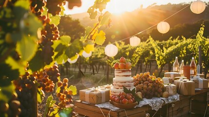 A sunset party in a vineyard with a fruit-adorned cake, elegantly wrapped presents, and hanging paper lanterns