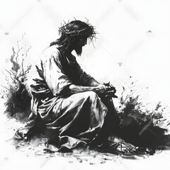 Jesus' compassion for the marginalized and outcasts isolated on white background, simple style, png
