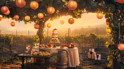 A sunset party in a vineyard with a fruit-adorned cake, elegantly wrapped presents, and hanging...
