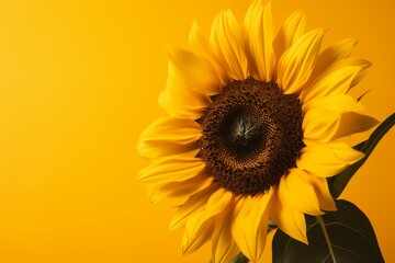 Obraz premium Bright, single sunflower set against a solid yellow backdrop, capturing the essence of summer